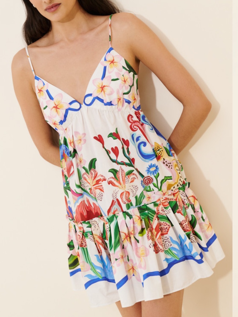 FARM Rio White Floral V-Neck Spaghetti Strap Mini Dress
